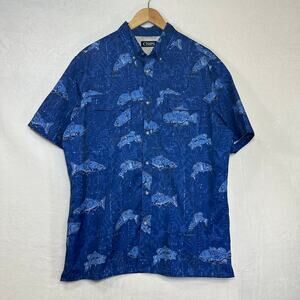 CHAPS L Royal Navy Blue Buttoned Casual Shirt Bass Fish Print Outdoors Vacation